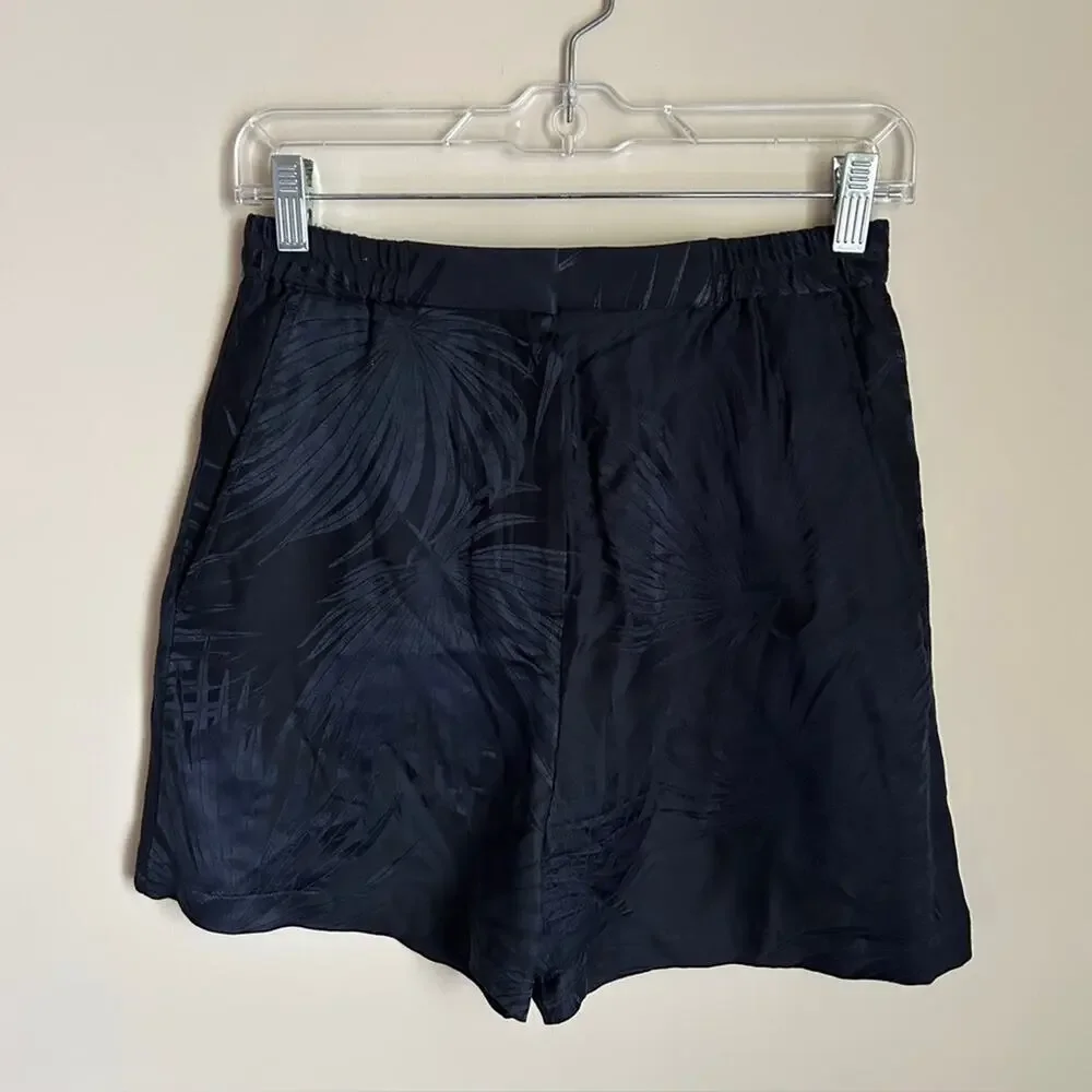 COS Navy Blue Palm Leaf Pattern High Waist Silk Blend 3 Inch Inseam Shorts XS